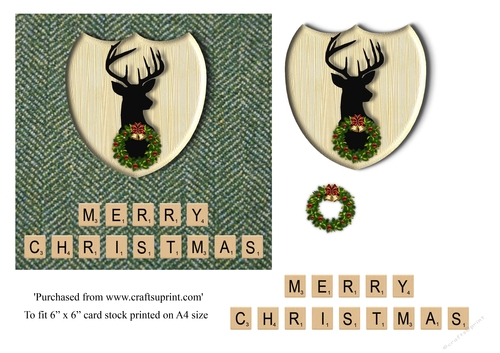 Merry Christmas card in green herringbone Harris Tweed , stag emblem, wreath and scrabble letters topper for 6x6 card
