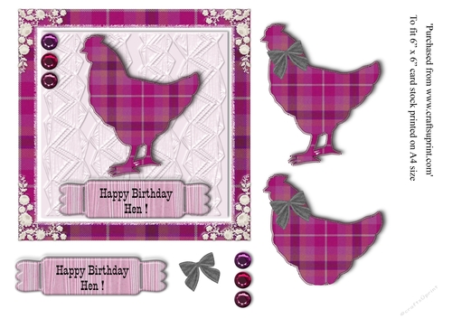 Happy birthday Hen Scottish pink and grey tartan card topper for 6x6 card