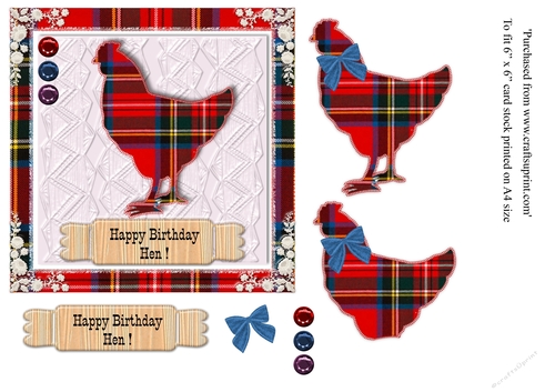 Happy birthday Hen Royal Stewart tartan card topper for 6x6 card