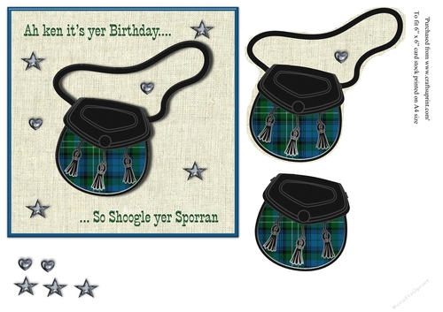 Male Scottish Sporran in blue and green tartan topper for 6x6 card
