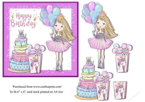Little Princess with blonde hair and unicorn birthday card topper for 6x6 card