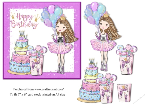 Little Princess with brunette hair and unicorn birthday card topper for 6x6 card