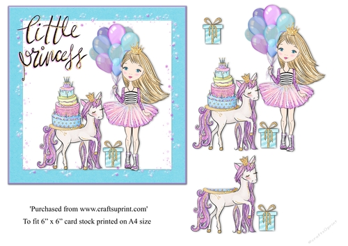 Little Princess with blonde hair and unicorn birthday card topper for 6x6 card