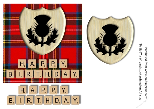 Male Birthday card in Royal Stewart tartan, thistle emblem and scrabble letters topper for 6x6 card