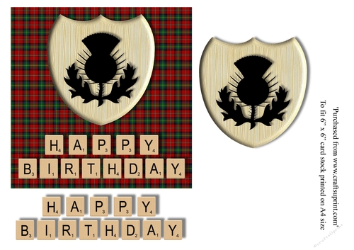 Male Birthday card in red and green tartan, thistle emblem and scrabble letters topper for 6x6 card