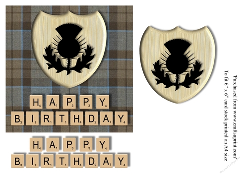 Male Birthday card in Outlander tartan, thistle emblem and scrabble letters topper for 6x6 card