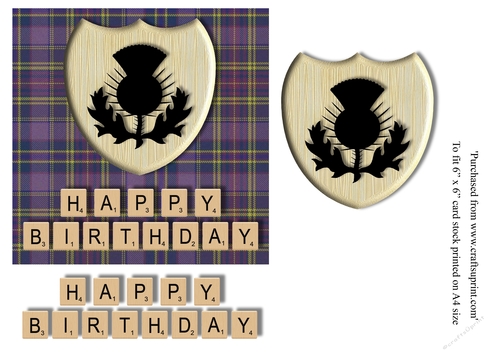 Male Birthday card in Purple tartan, thistle emblem and scrabble letters topper for 6x6 card