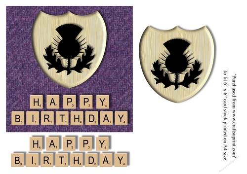Male Birthday card in Purple Harris Tweed, thistle emblem and scrabble letters topper for 6x6 card