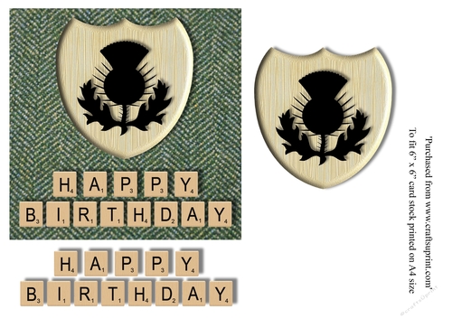 Male Birthday card in Green herringbone Harris Tweed, thistle emblem and scrabble letters topper for 6x6 card