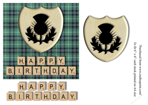Male Birthday card in MacDonald ancient hunting tartan, thistle emblem and scrabble letters topper for 6x6 card