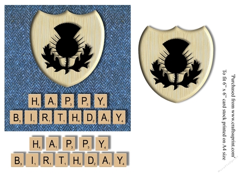 Male Birthday card in Blue herringbone Harris Tweed, thistle emblem and scrabble letters topper for 6x6 card
