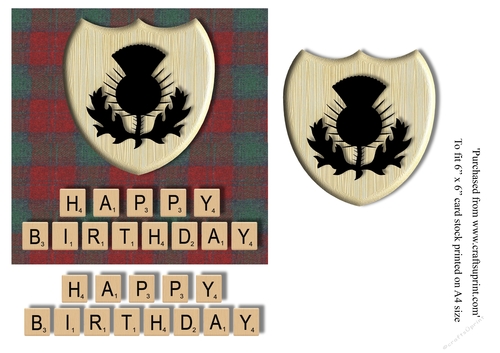 Male Birthday card in Red & Green Harris Tweed, thistle emblem and scrabble letters topper for 6x6 card