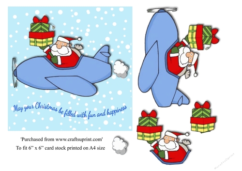Santa in a blue plane with gifts 6x6 card topper