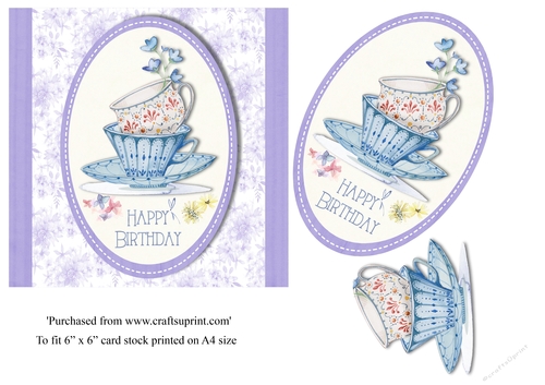 Pretty floral teacups birthday card topper for 6x6 card
