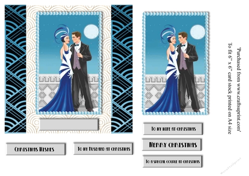 Art Deco couple Christmas card topper for 6x6 card in turquoise