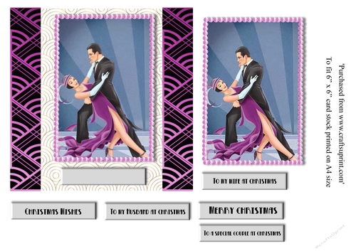 Art Deco couple Christmas card topper for 6x6 card in purple