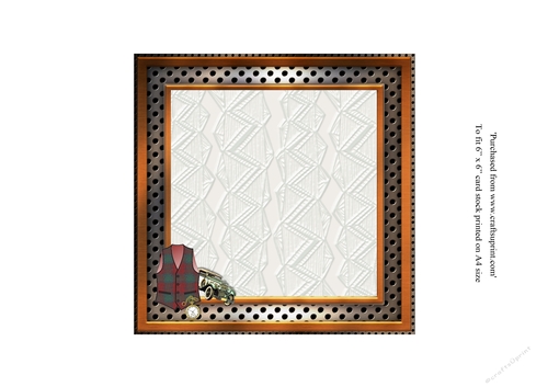 Insert for Male birthday card in wooden frame with red and green check Harris tweed textured waistcoat,pocket watch and vintage car topper for 6x6 card