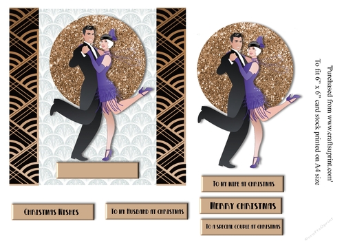 Art Deco Dancing couple Christmas card topper for 6x6 card in gold