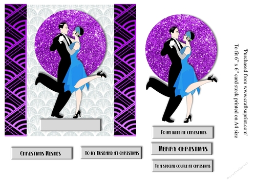 Art Deco Dancing couple Christmas card topper for 6x6 card in purple