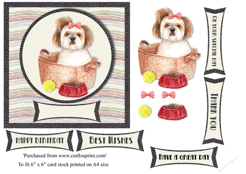 Cute dog in basket birthday card topper for 6x6 card