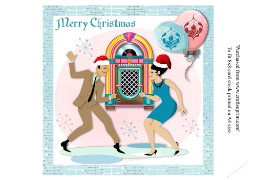 1950s rock and roll retro Christmas couple dancing for 8x8 card with matching insert.