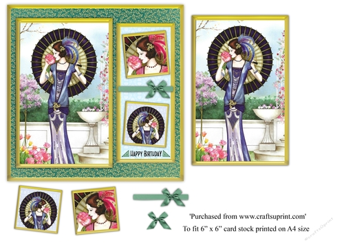 Glamorous female holding parasol Art deco birthday with floral background topper for 6x6 card