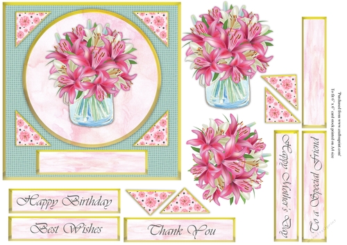Pastel pink and white lillies in vase topper for 6x6 card