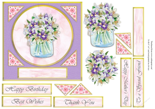 Pastel purple and white lillies in vase topper for 6x6 card