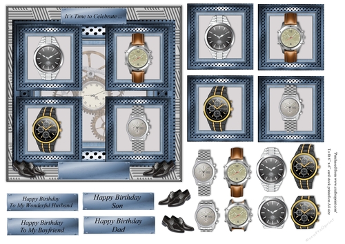 Time to Celebrate Male birthday card with a wrist watch theme, topper for 6x6 card
