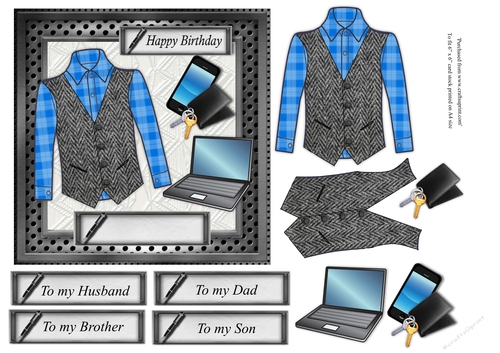  Male birthday card with blue checked shirt and Grey herringbone Harris tweed waistcoat, topper for 6x6 card
