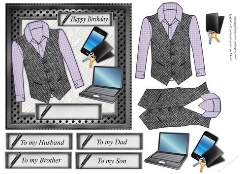  Male birthday card with purple checked shirt and Grey herringbone Harris tweed waistcoat, topper for 6x6 card