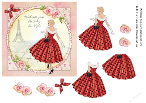 Chic lady in red & black polka dot dress female birthday card topper for 6x6 card 
