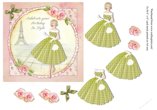 Chic lady in green & white polka dot dress female birthday card topper for 6x6 card