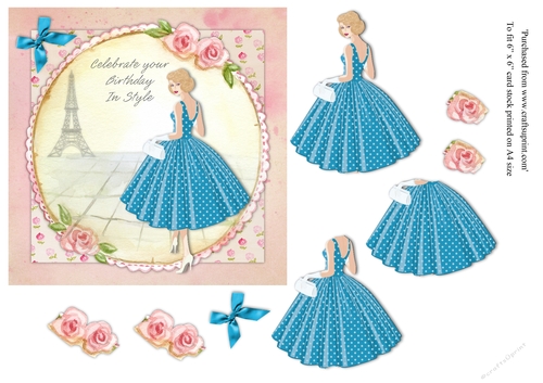 Chic lady in turquoise & white polka dot dress female birthday card topper for 6x6 card