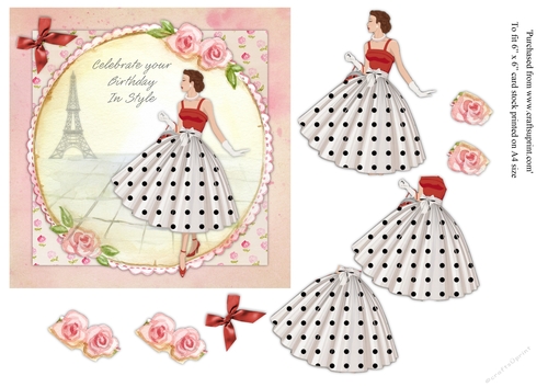 Chic lady in white & black polka dot dress female birthday card topper for 6x6 card