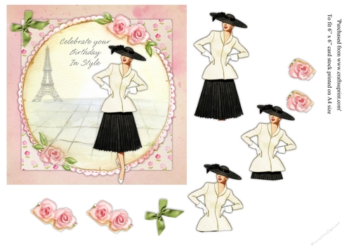 Chic lady in white & black outfit female birthday card topper for 6x6 card