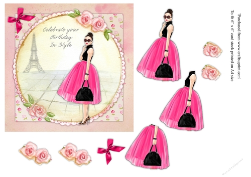 Chic lady in black & hot pink outfit female birthday card topper for 6x6 card