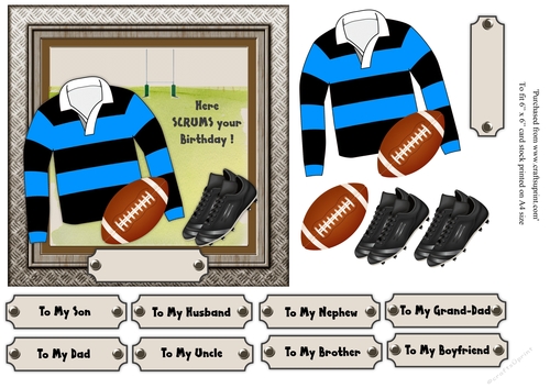 Black and blue striped rugby shirt with rugby ball and boots, male birthday card 6x6 topper 