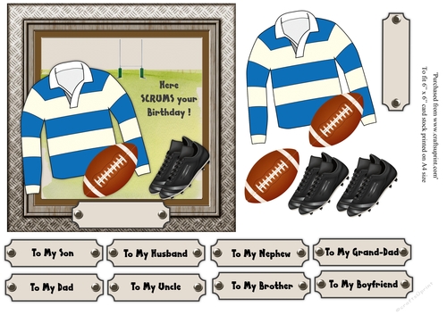 White and blue striped rugby shirt with rugby ball and boots, male birthday card 6x6 topper 