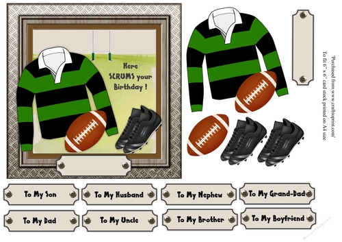 Green and black striped rugby shirt with rugby ball and boots, male birthday card 6x6 topper 