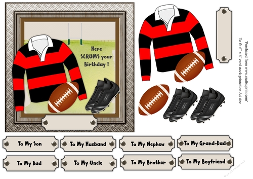 Red and black striped rugby shirt with rugby ball and boots, male birthday card 6x6 topper 