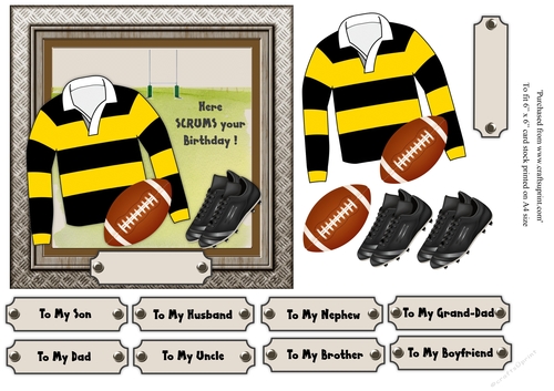 Yellow and black striped rugby shirt with rugby ball and boots, male birthday card 6x6 topper 