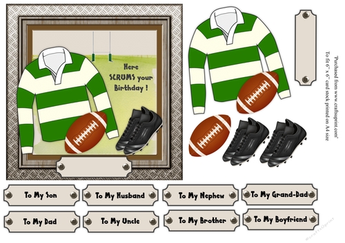 White and green striped rugby shirt with rugby ball and boots, male birthday card 6x6 topper 