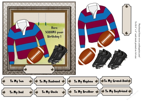 Maroon and blue striped rugby shirt with rugby ball and boots, male birthday card 6x6 topper 