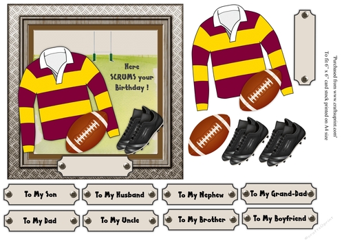 Maroon and yellow striped rugby shirt with rugby ball and boots, male birthday card 6x6 topper 