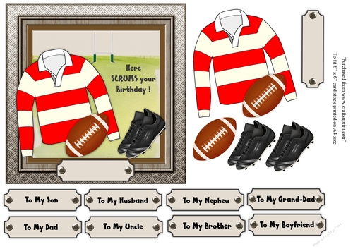 Red and white striped rugby shirt with rugby ball and boots, male birthday card 6x6 topper 