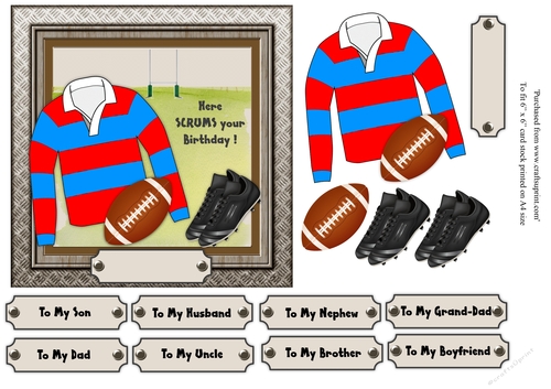 Red and blue striped rugby shirt with rugby ball and boots, male birthday card 6x6 topper 