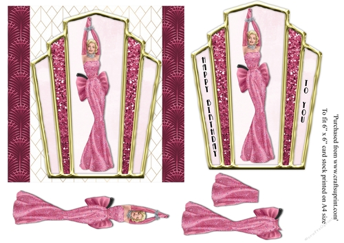 Art Deco female birthday card topper for 6x6 card with lady in pink gown.