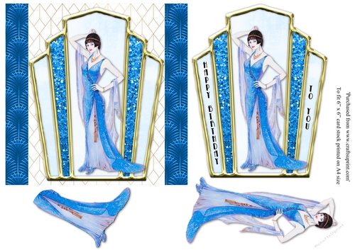 Art Deco female birthday card topper for 6x6 card with lady in blue gown.