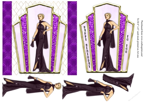 Art Deco female birthday card topper for 6x6 card with lady in purple gown.